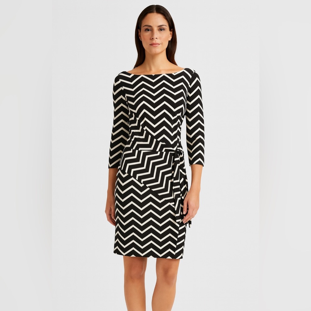 Ralph Lauren | Black and White Zig Zag Midi Dress |‎ Side Tie | Size 16